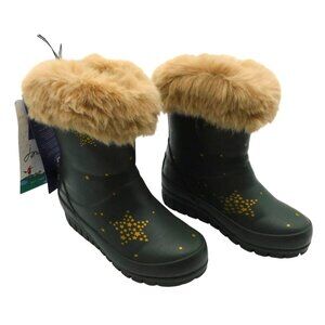 NWT Joules Girls Size 10 Little Kids Muted Green Boots Wellies Faux Fur Star